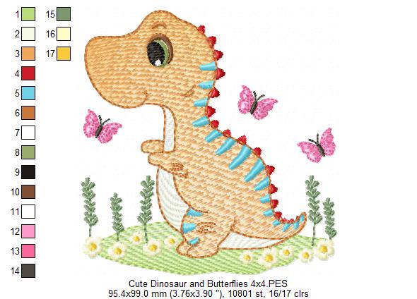 Cute Dinosaur and Butterflies - Rippled Stitch Embroidery