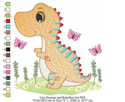 Cute Dinosaur and Butterflies - Rippled Stitch Embroidery
