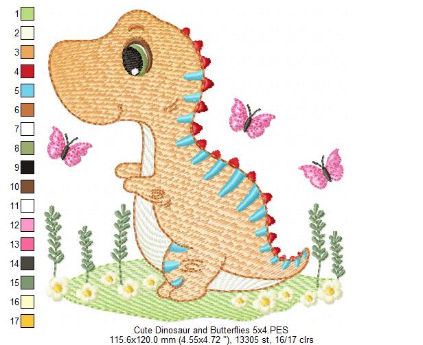 Cute Dinosaur and Butterflies - Rippled Stitch Embroidery