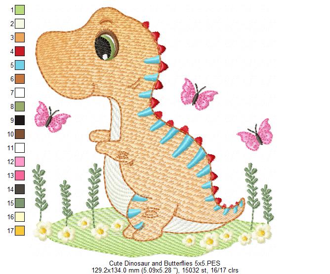 Cute Dinosaur and Butterflies - Rippled Stitch Embroidery