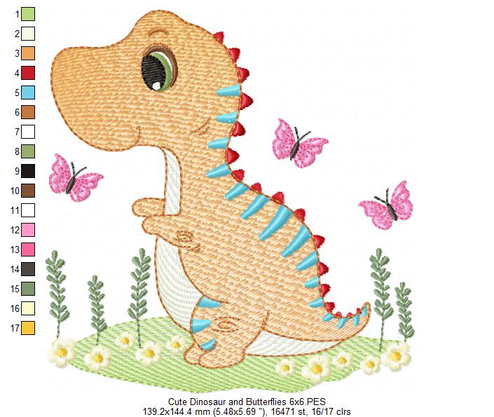 Cute Dinosaur and Butterflies - Rippled Stitch Embroidery