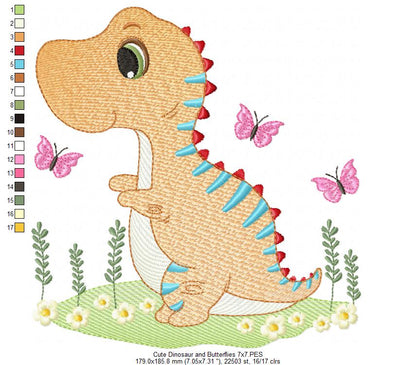 Cute Dinosaur and Butterflies - Rippled Stitch Embroidery