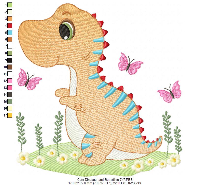 Cute Dinosaur and Butterflies - Rippled Stitch Embroidery