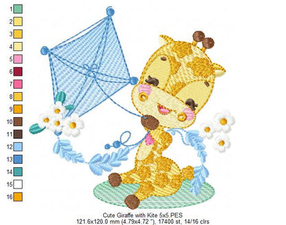 Cute Giraffe with a Kite - Rippled Stitch Embroidery