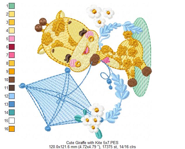 Cute Giraffe with a Kite - Rippled Stitch Embroidery