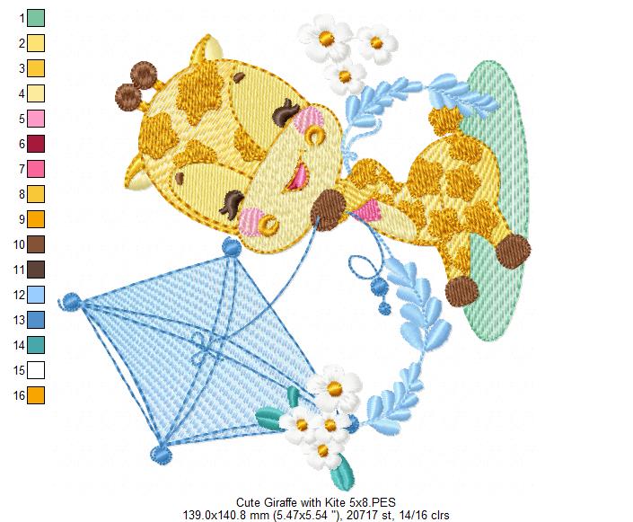 Cute Giraffe with a Kite - Rippled Stitch Embroidery