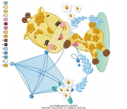 Cute Giraffe with a Kite - Rippled Stitch Embroidery
