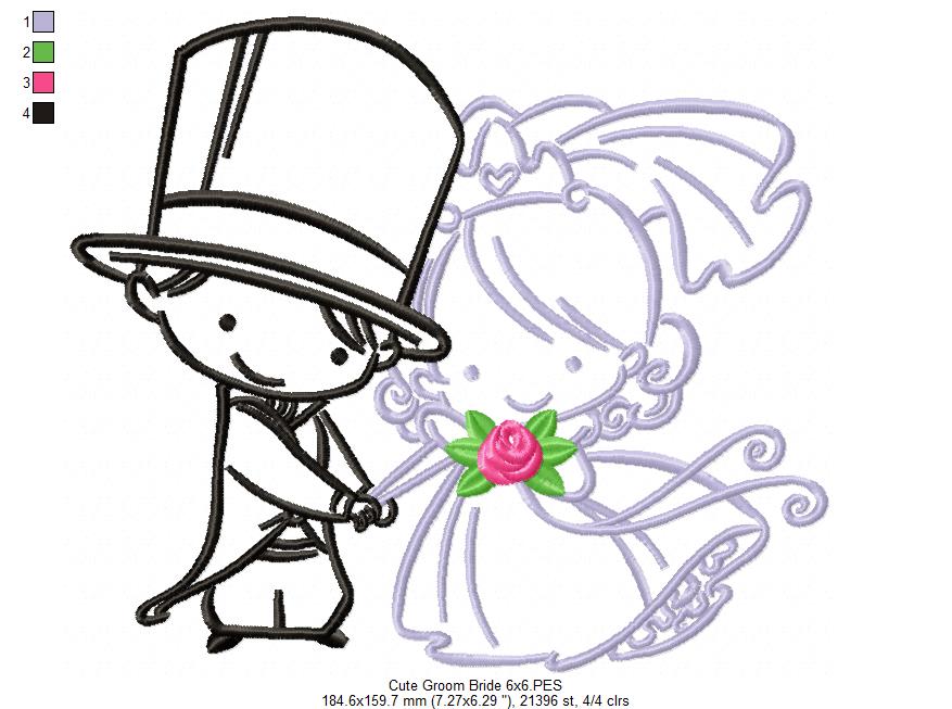 Cute Bride and Groom - Fill Stitch Embroidery
