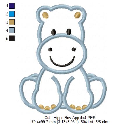 Safari Hippo Boy - Applique - Machine Embroidery Design