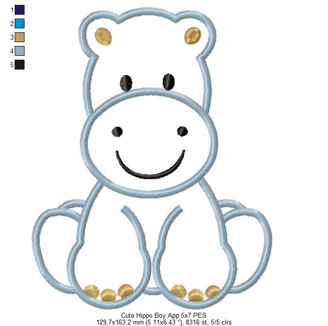 Safari Hippo Boy - Applique - Machine Embroidery Design