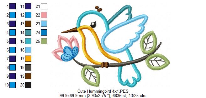 Cute Hummingbird on a Branch - Applique - Machine Embroidery Design
