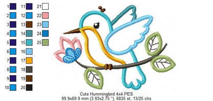 Cute Hummingbird on a Branch - Applique - Machine Embroidery Design