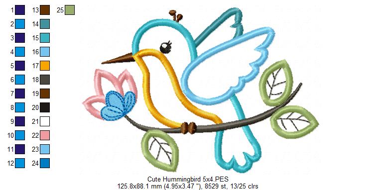 Cute Hummingbird on a Branch - Applique - Machine Embroidery Design