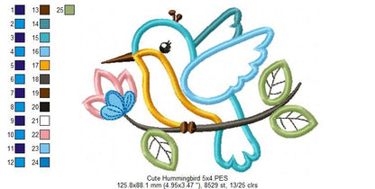 Cute Hummingbird on a Branch - Applique - Machine Embroidery Design