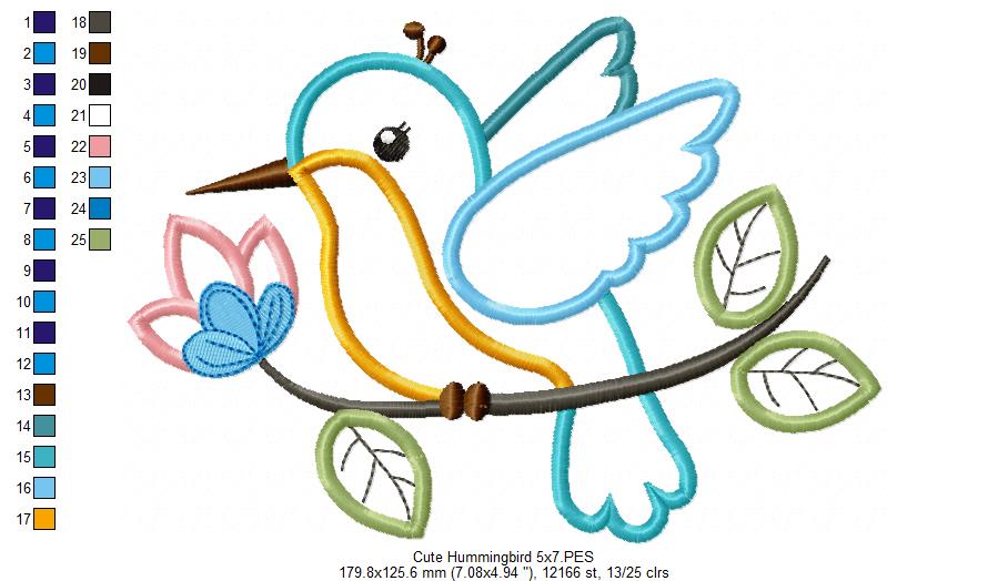 Cute Hummingbird on a Branch - Applique - Machine Embroidery Design