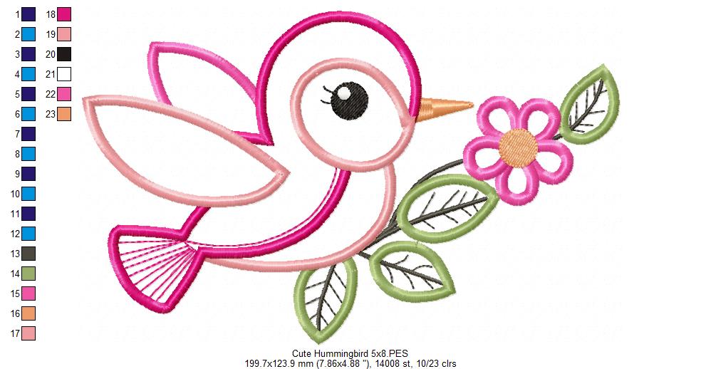Cute Hummingbird - Applique - Machine Embroidery Design