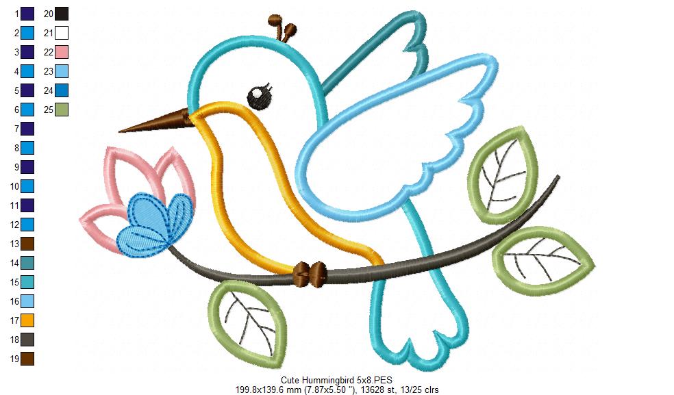 Cute Hummingbird on a Branch - Applique - Machine Embroidery Design