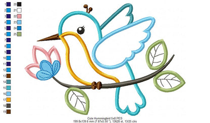 Cute Hummingbird on a Branch - Applique - Machine Embroidery Design