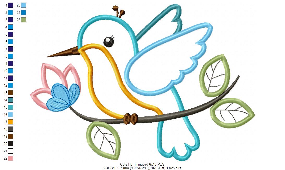 Cute Hummingbird on a Branch - Applique - Machine Embroidery Design