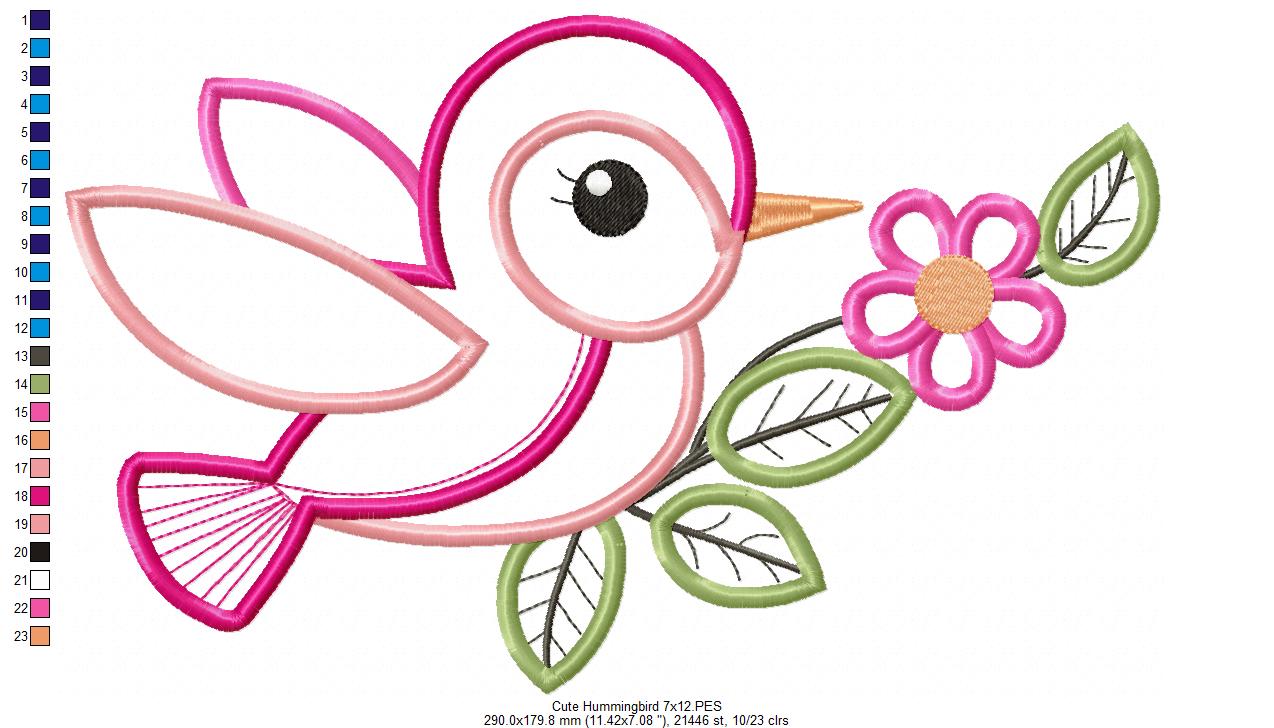 Cute Hummingbird - Applique - Machine Embroidery Design