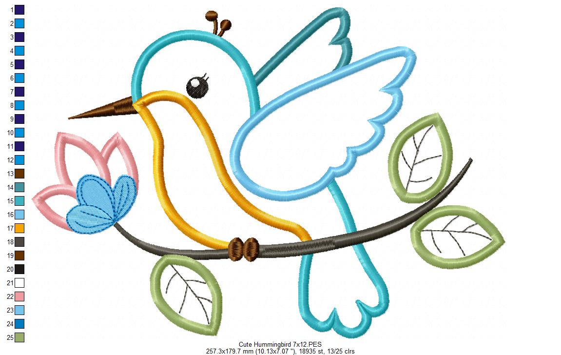 Cute Hummingbird on a Branch - Applique - Machine Embroidery Design