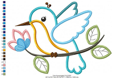 Cute Hummingbird on a Branch - Applique - Machine Embroidery Design