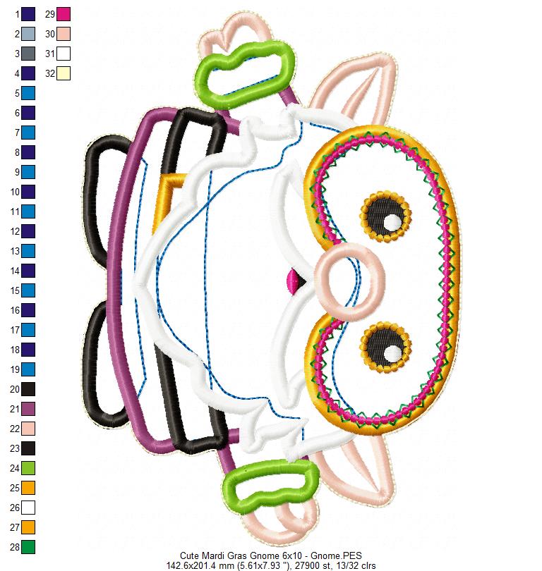 Cute Mardi Gras Gnome - ITH Project - Machine Embroidery Design