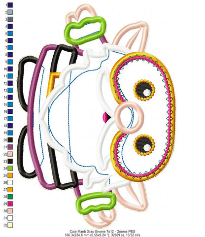 Cute Mardi Gras Gnome - ITH Project - Machine Embroidery Design