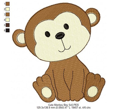 Safari Monkey Boy - Fill Stitch - Machine Embroidery Design