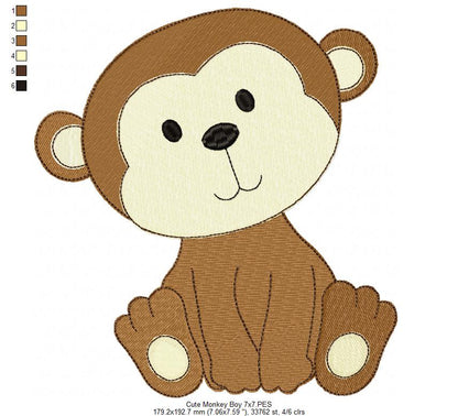 Safari Monkey Boy - Fill Stitch - Machine Embroidery Design