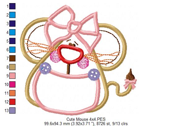 Cute Mouse witth Bow - Applique - Machine Embroidery Design