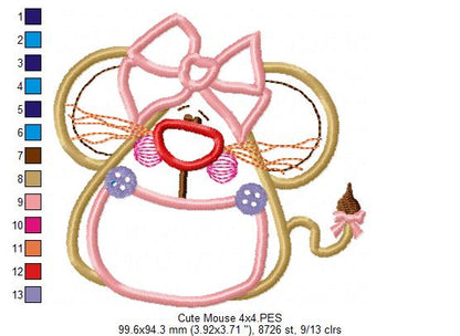 Cute Mouse witth Bow - Applique - Machine Embroidery Design