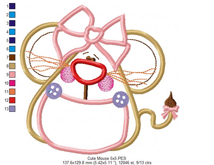 Cute Mouse witth Bow - Applique - Machine Embroidery Design