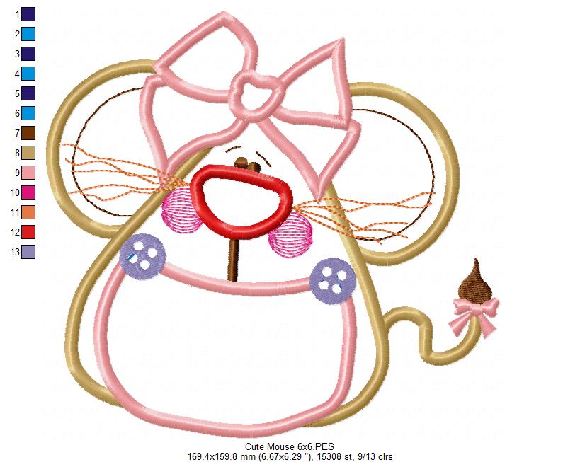 Cute Mouse witth Bow - Applique - Machine Embroidery Design