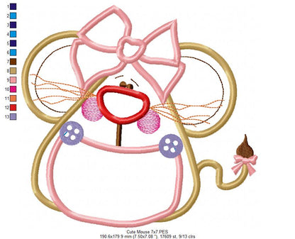 Cute Mouse witth Bow - Applique - Machine Embroidery Design
