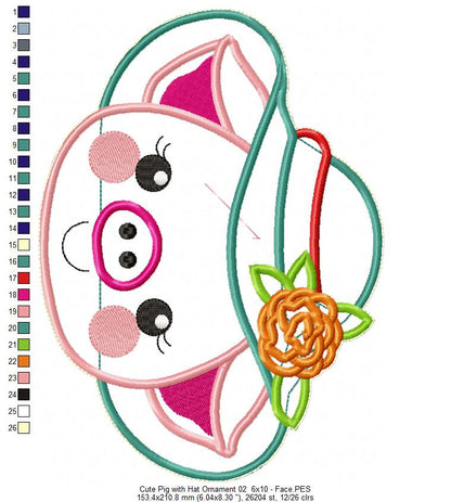 Pig with Hat Ornament - ITH Project - Machine Embroidery Design