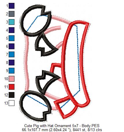Pig with Hat Ornament - ITH Project - Machine Embroidery Design