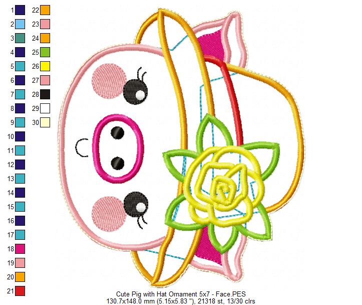 Pig with Hat Ornament - ITH Project - Machine Embroidery Design