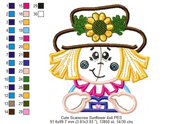 Cute Scarecrow Sunflower - Applique - Machine Embroidery Design