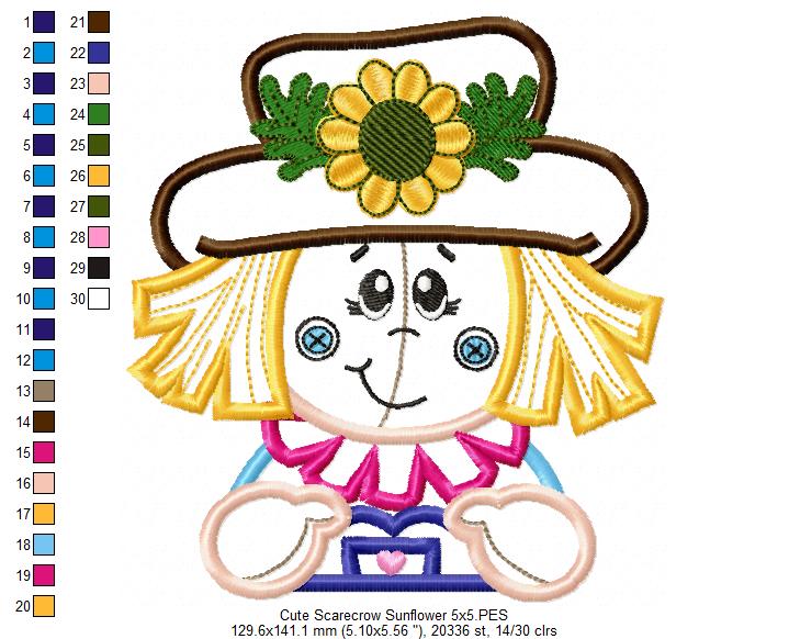 Cute Scarecrow Sunflower - Applique - Machine Embroidery Design