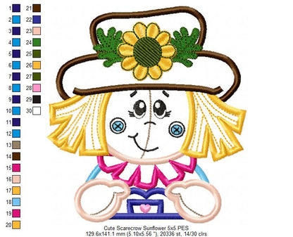 Cute Scarecrow Sunflower - Applique - Machine Embroidery Design