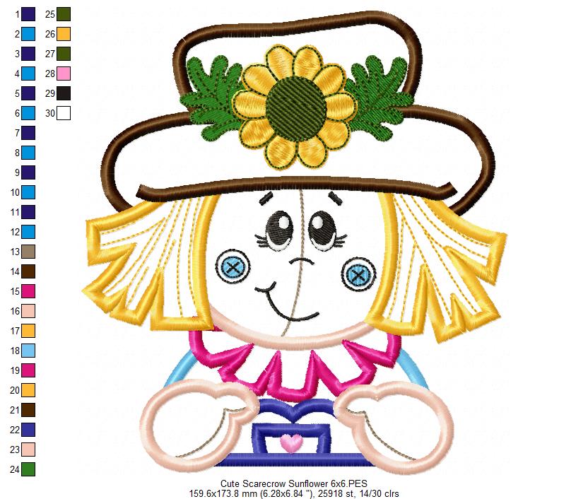 Cute Scarecrow Sunflower - Applique - Machine Embroidery Design