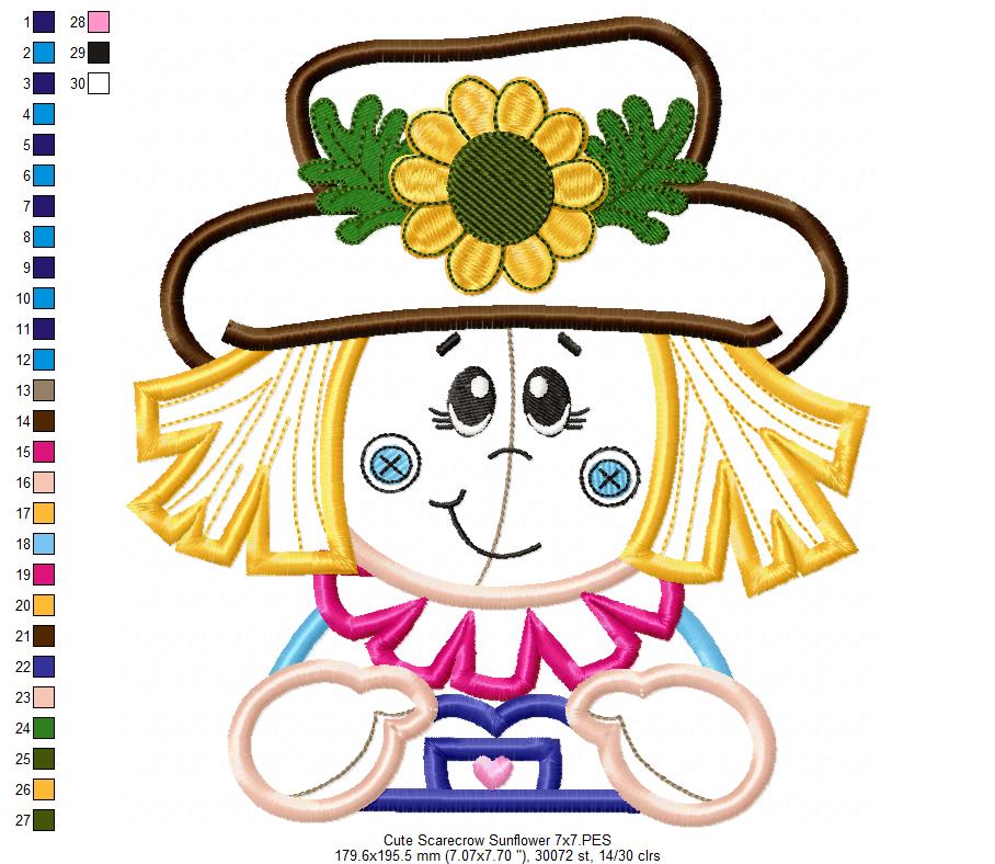 Cute Scarecrow Sunflower - Applique - Machine Embroidery Design