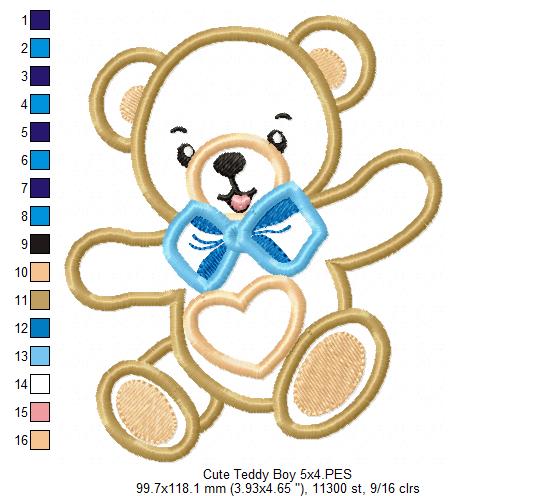 Cute Teddy Bear Boy - Applique - Machine Embroidery Design