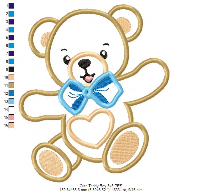Cute Teddy Bear Boy - Applique - Machine Embroidery Design