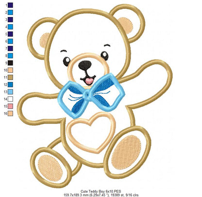 Cute Teddy Bear Boy - Applique - Machine Embroidery Design