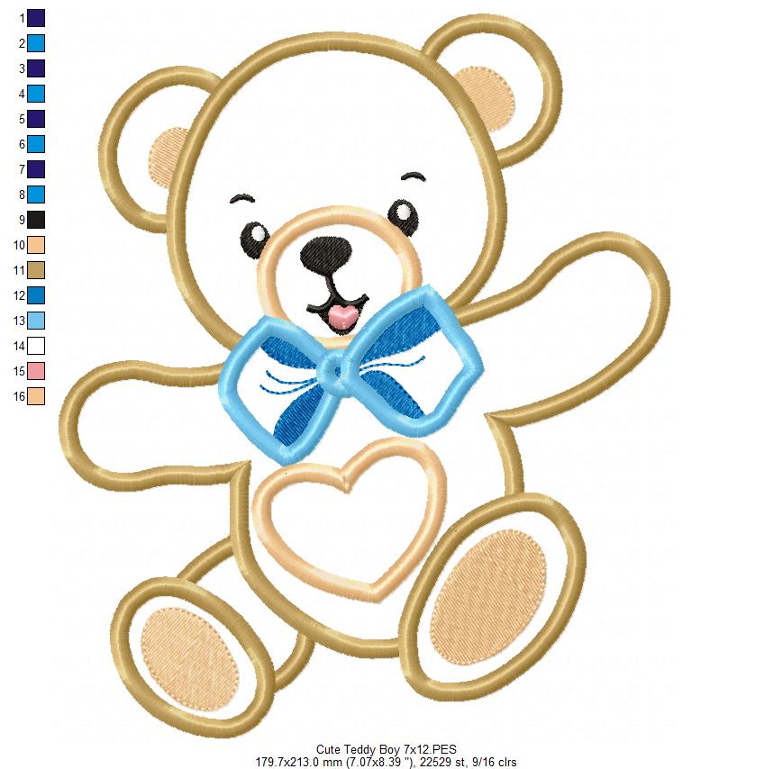 Cute Teddy Bear Boy - Applique - Machine Embroidery Design