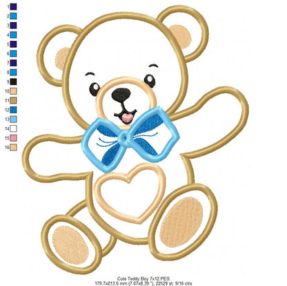 Cute Teddy Bear Boy - Applique - Machine Embroidery Design