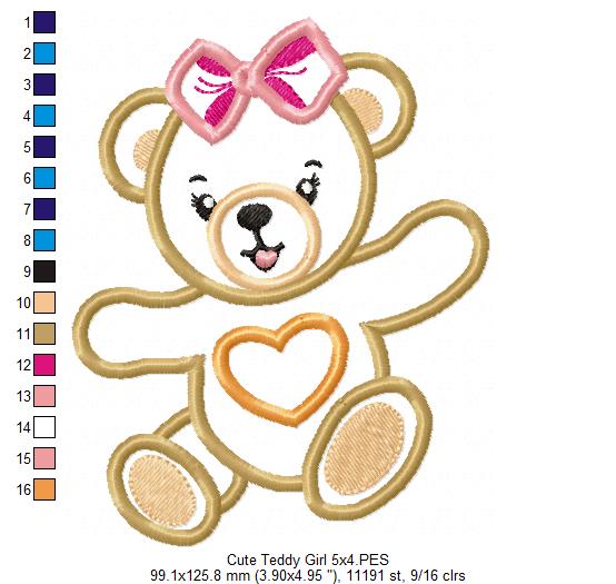 Cute Teddy Bear Girl - Applique - Machine Embroidery Design