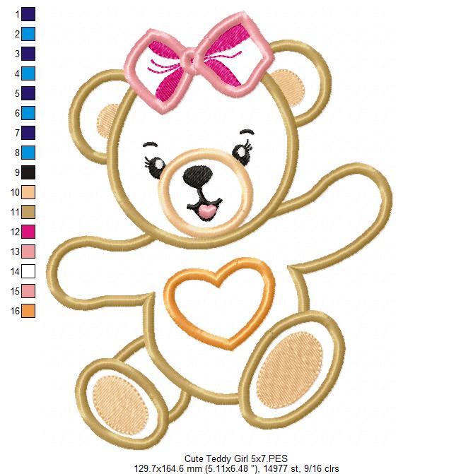 Cute Teddy Bear Girl - Applique - Machine Embroidery Design